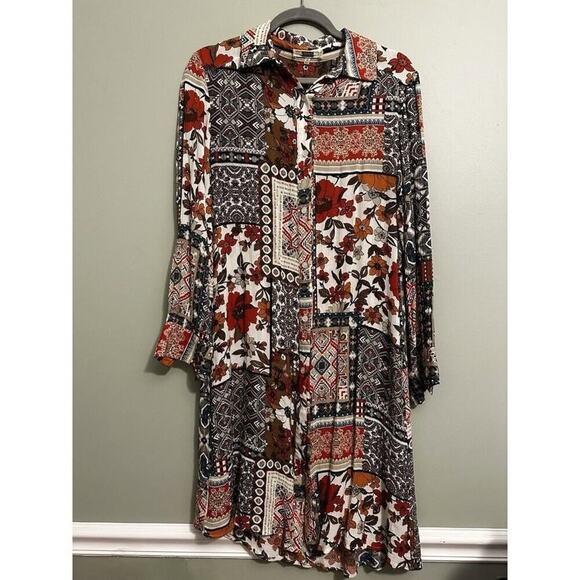 Boho Floral Geometric Quilt Square Pattern Long Sleeve Button-Down Shirt Kimono - Picture 3 of 16